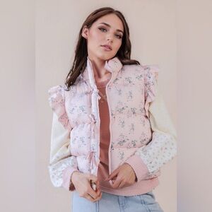 Front Bow Ruffle Sleeve Floral Puffer Vest • Pink Floral • XS S M L • Cozy Chic